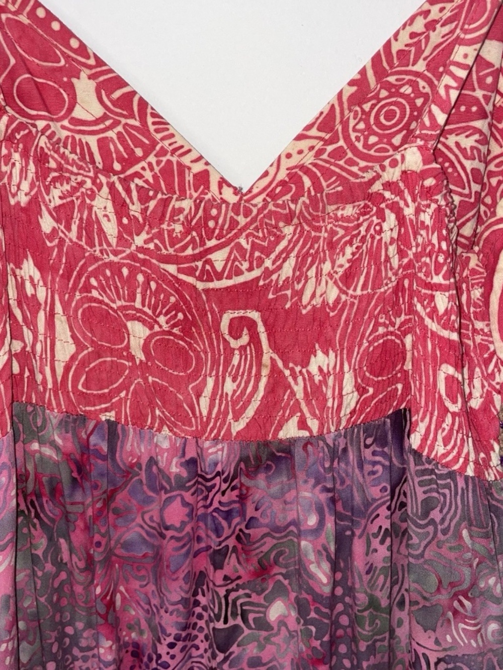 Santiki Sun Dress M Pink & Orange Batik Bohemian Floral Crochet Trim Smock Back - Picture 7 of 10